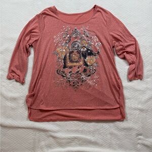 Y2K Elephant Embezzled Womens XL 3/4 Sleeve Blouse Indie Feminine Girly Eclectic